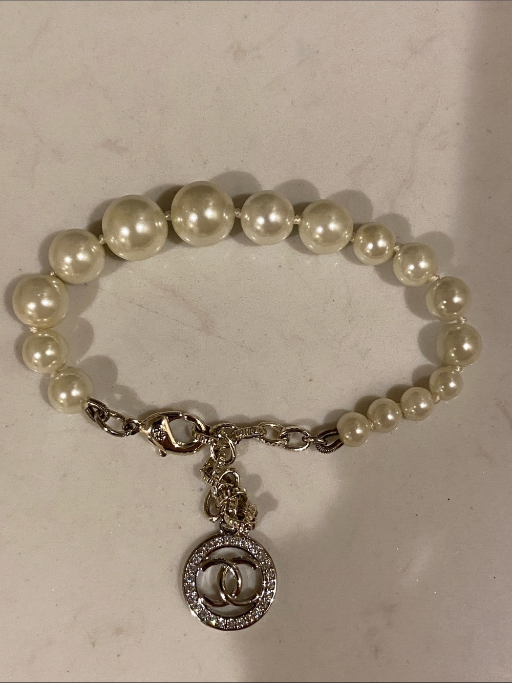 Pearl Bead Bracelet with Interlocking CC Logo Charm - Cream